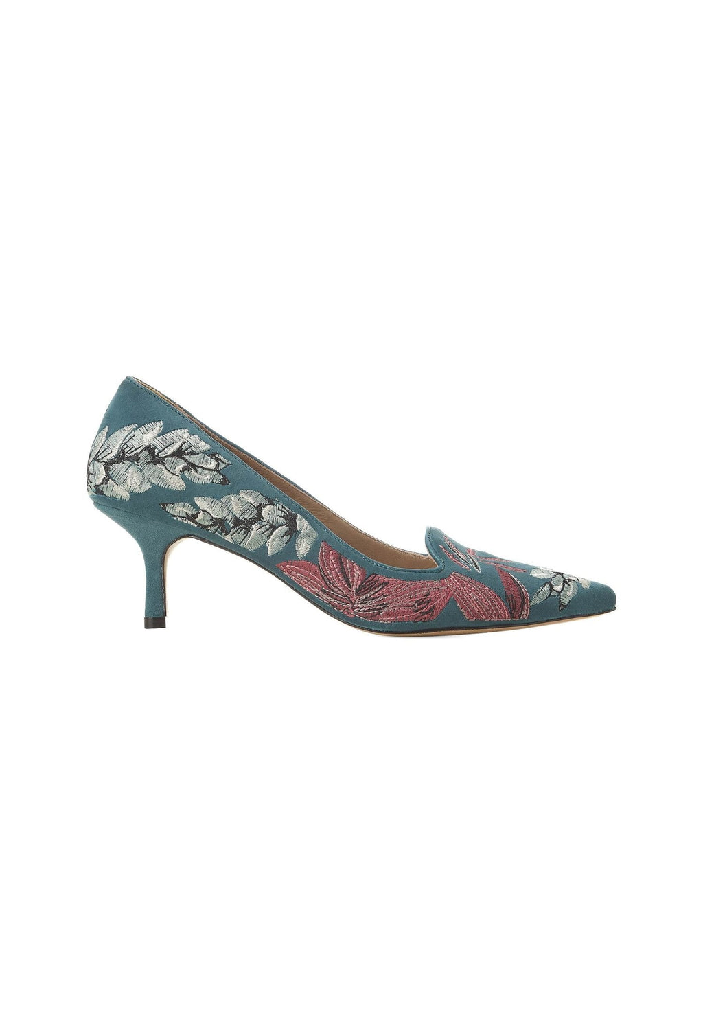 Grey Suede Embroidered Pumps – Kitten Heel Style-4