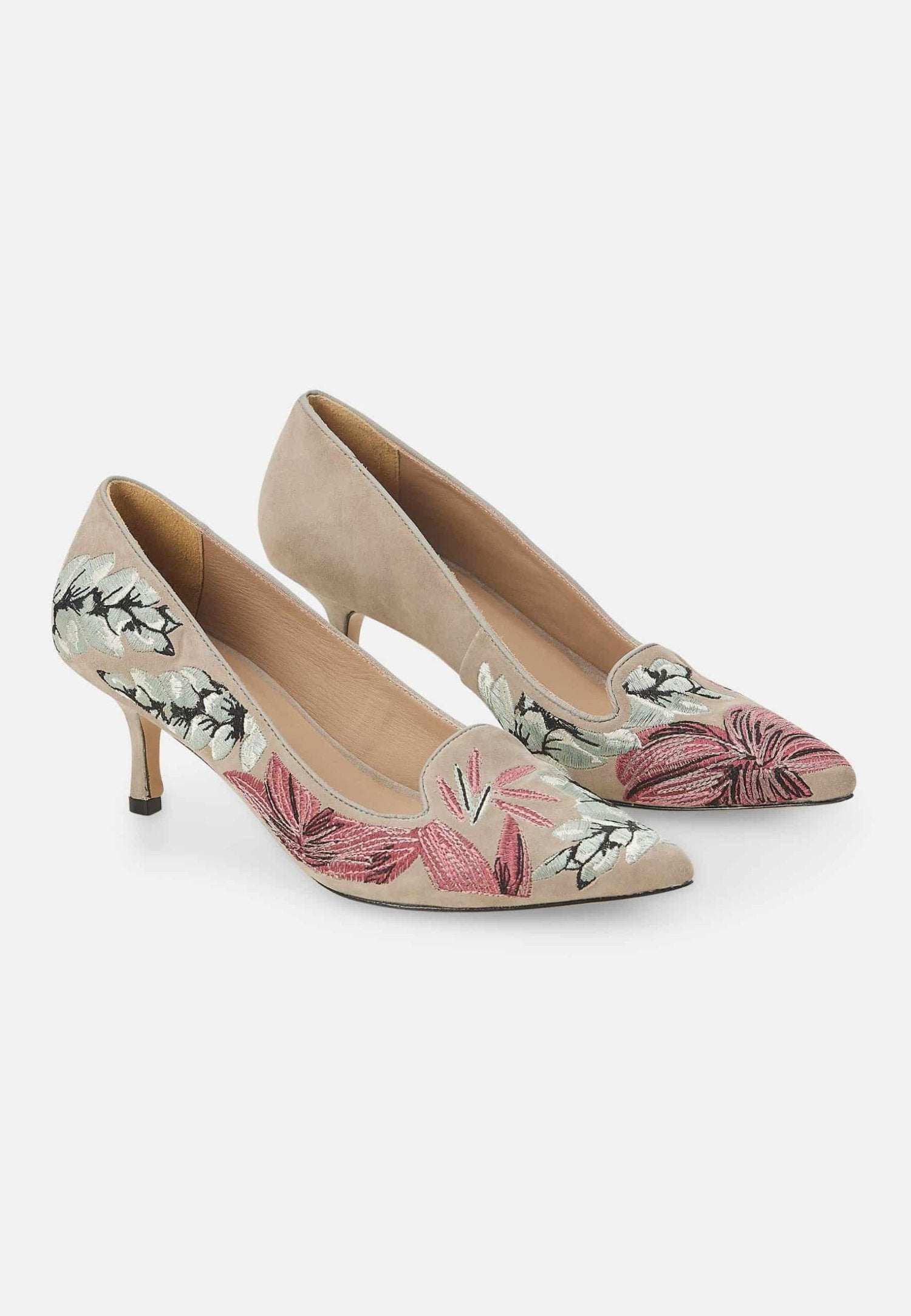 Grey Suede Embroidered Pumps – Kitten Heel Style-2